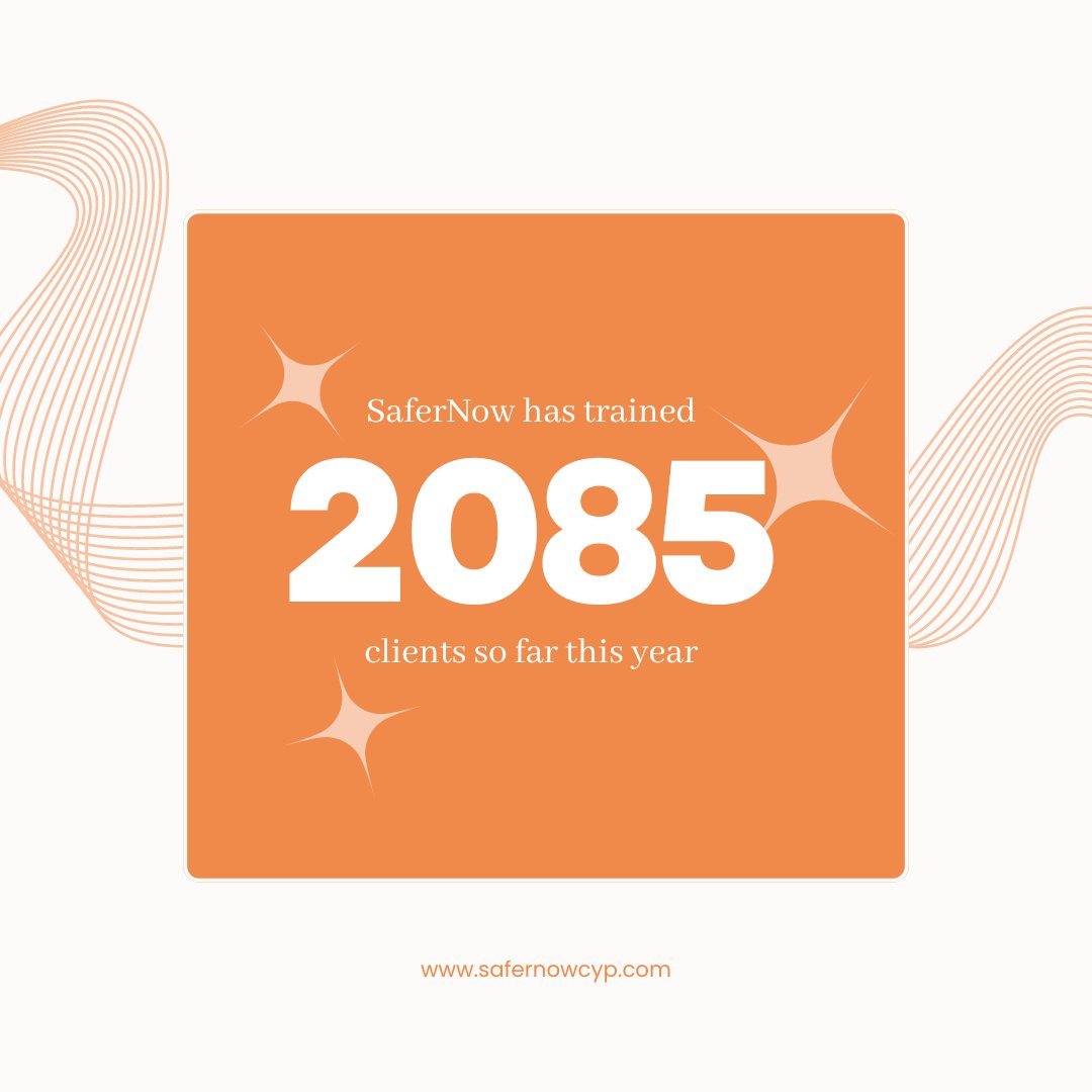 Just over a month since our last update on our training statistics, we're beyond pleased to be able to share that SaferNow has now trained 2085 people so far this year. 

If you're interested in any of our services, don't hesitate to drop us an email at info@safernowcyp.com so we