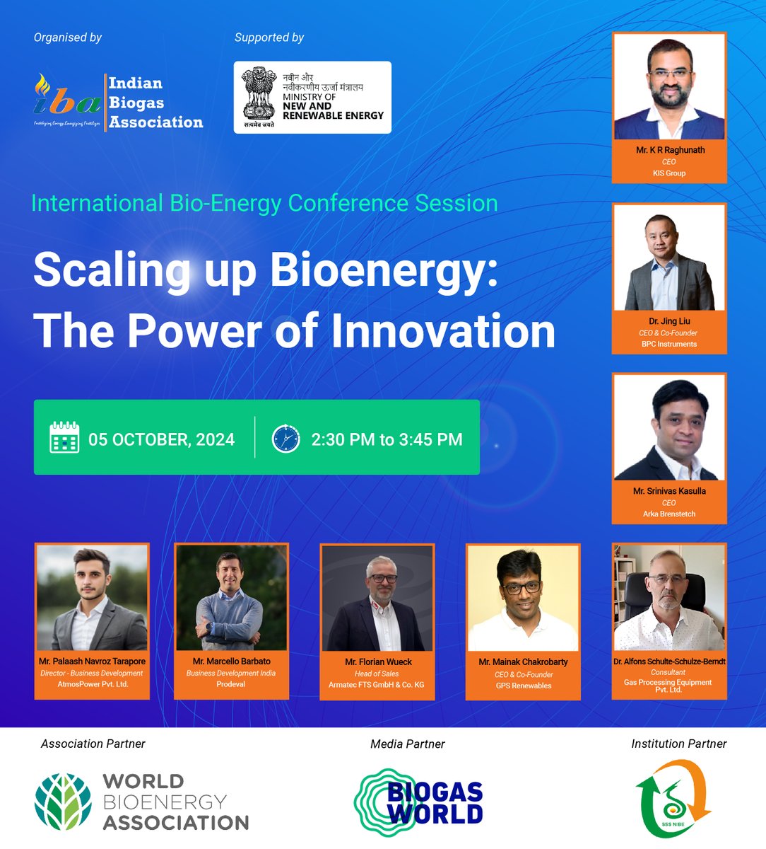 We are excited to announce our speakers for the session "Scaling up Bioenergy: The Power of Innovation"!
Join us on October 5, 2024, at 11:00 a.m. onwards at the REI Expo, Indo Expo Mart, Greater Noida, India.

For more information, please visit: biogas-india.com/bio-energy-pav…

Register