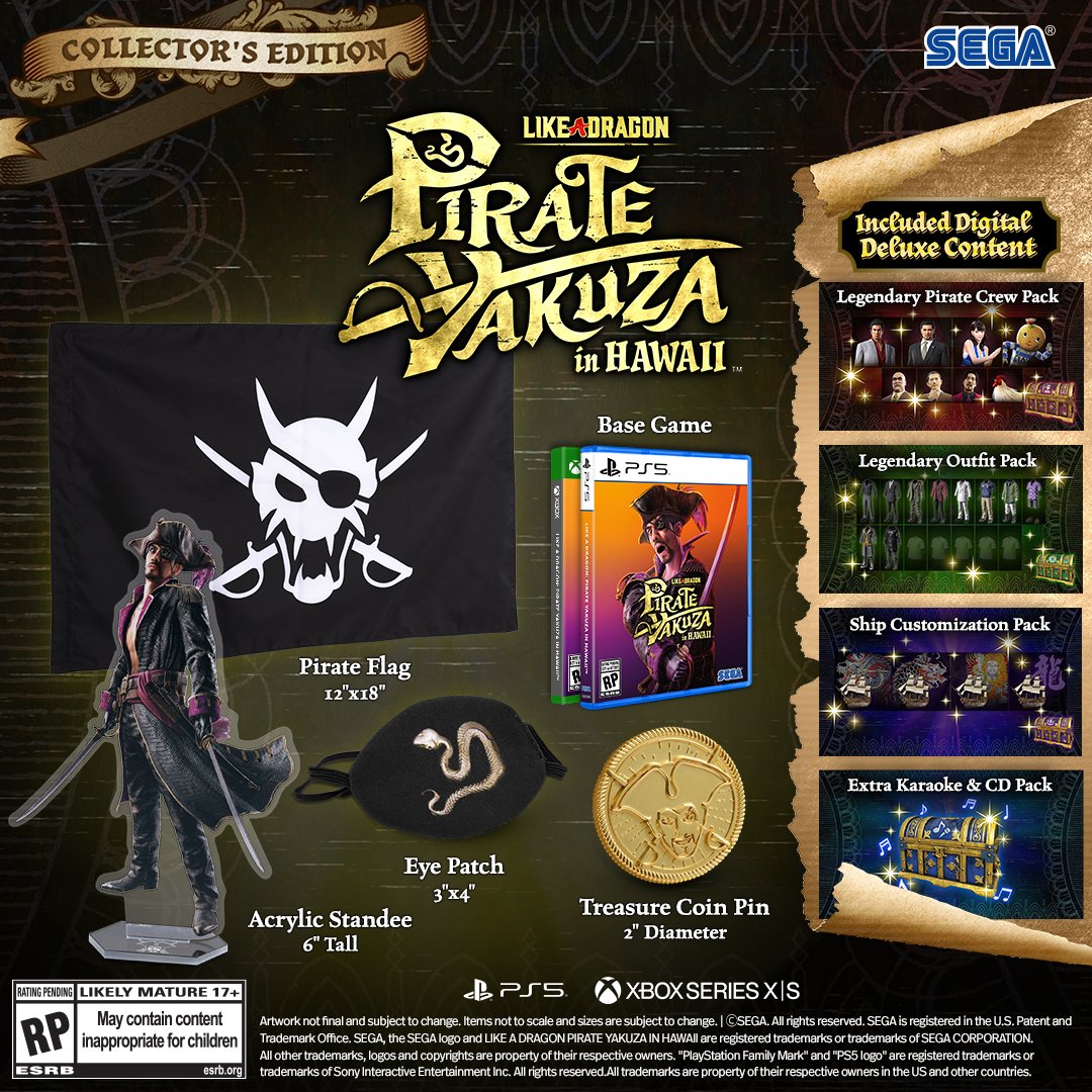 RGGStudio's tweet image. 👀 Feast yer eyes on the Like a Dragon: Pirate Yakuza in Hawaii Collector's Edition!🏴‍☠ 

❌ Acrylic Stand
❌ Pirate Flag
❌ Treasure Coin Pin
❌ Eye Patch
❌ Deluxe Edition DLC voucher

Pre-orders for the NA/EU Collector's Edition will be live soon. We will provide updates…