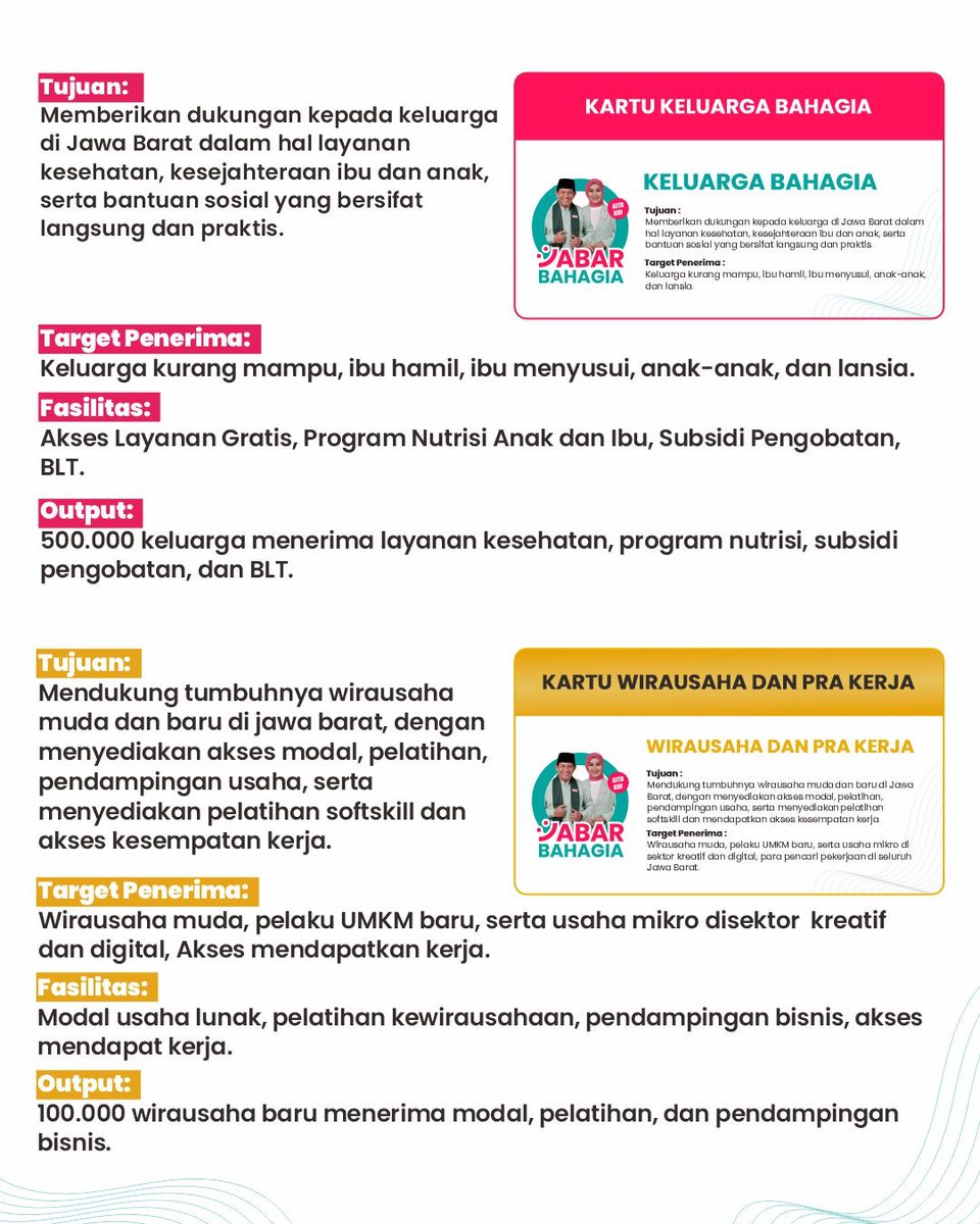 JABARBahagia's tweet photo. 4 Kartu untuk satu tujuan
Jabar Bahagia ๐
Kartu Keluarga Bahagia
Kartu Wirausaha dan Prakerja
Kartu Pendidikan Bahagia
Kartu Insentif Guru Ngaji
#jabarbahagia #pilkadajabar #gubernur #acepadang #gitakdi https://t.co/nyUcJw6R13