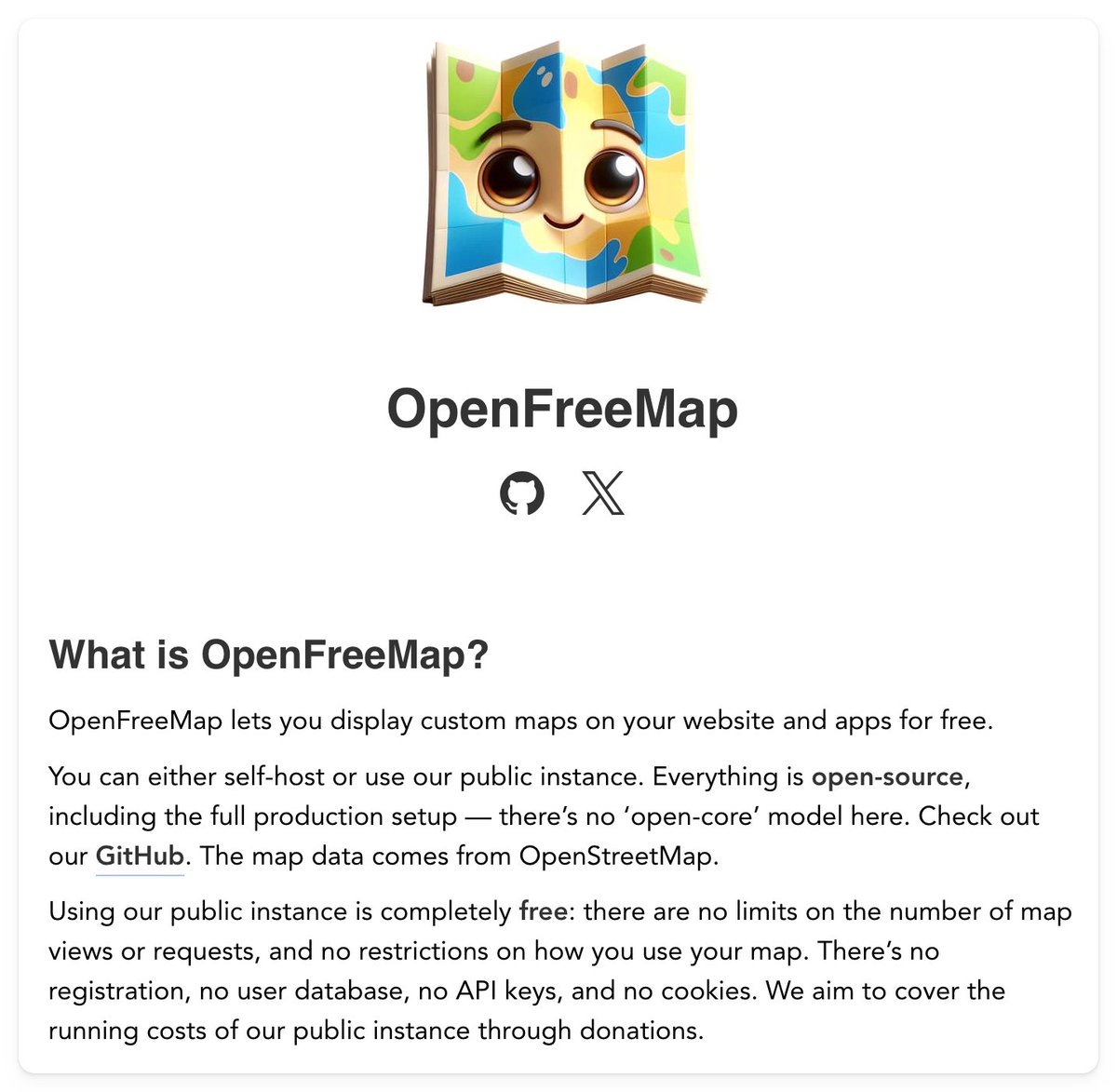 Zsolt Ero (@hyperknot) on Twitter photo I feel touched that <a href="/kiwicopple/">Paul Copplestone - e/postgres</a> became my GitHub Sponsor!
After 8 years of running map hosting in production, I decided to open source the infrastructure and created OpenFreeMap. I feel touched that <a href="/kiwicopple/">Paul Copplestone - e/postgres</a> became my GitHub Sponsor!
After 8 years of running map hosting in production, I decided to open source the infrastructure and created OpenFreeMap.