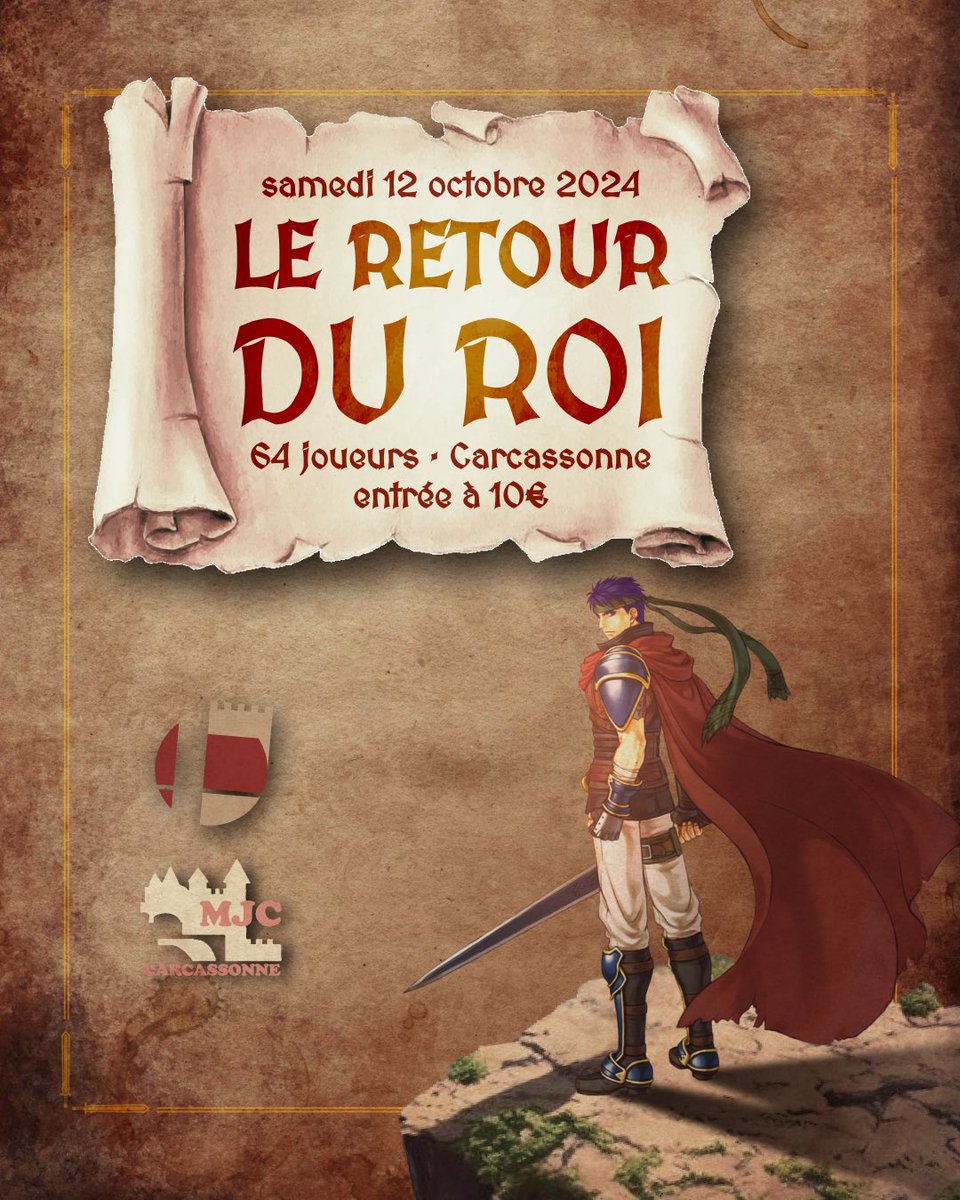 CarcaSmash's tweet image. 👑 Oyez oyez ! 👑
On vous annonce fièrement la première édition du Retour du Roi à Carcassonne !

📆 Samedi 12 octobre 2024 de 9h30 à 20h
📌 MJC de Carcassonne
🗡️ 64 joueurs - full Bo5
💵 10€ d'inscription
👑 Side event "Les joutes du Roi" 32 joueurs gratuit
🥞 Buvette sur place