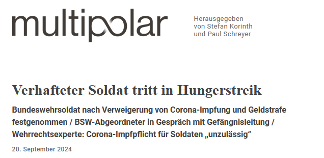 Marcus Klöckner (@klocknermarcus) on Twitter photo Hungerstreik/Corona-Impfung/Soldat.
"Der Arzt und EU-Parlamentsabgeordnete <a href="/DrPuerner/">Dr. Friedrich Pürner, MPH</a> (BSW), hat kurzfristig um ein Gespräch mit der Anstaltsleitung und dem dort inhaftierten Oberfeldwebel gebeten....Bisher habe die JVA jedoch nicht auf die Anfrage reagiert."
Bitte verbreiten Hungerstreik/Corona-Impfung/Soldat.
"Der Arzt und EU-Parlamentsabgeordnete <a href="/DrPuerner/">Dr. Friedrich Pürner, MPH</a> (BSW), hat kurzfristig um ein Gespräch mit der Anstaltsleitung und dem dort inhaftierten Oberfeldwebel gebeten....Bisher habe die JVA jedoch nicht auf die Anfrage reagiert."
Bitte verbreiten