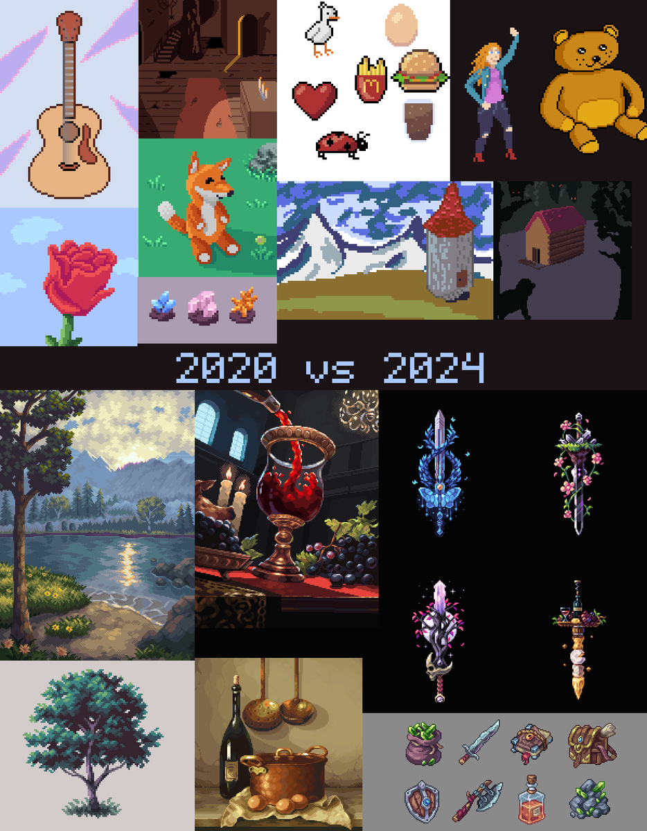 Beginner v.s now, 2024 edition #pixelart 

I've come quite far, havn't I?😌