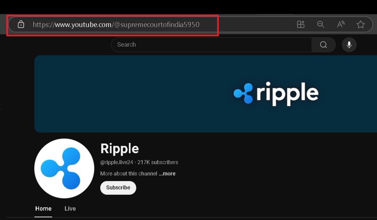 La chaîne YouTube de la Cour suprême de l'Inde a été piratée pour promouvoir #XRP via une fausse vidéo avec le PDG de #Ripple, incitant les victimes à investir via un lien de phishing.