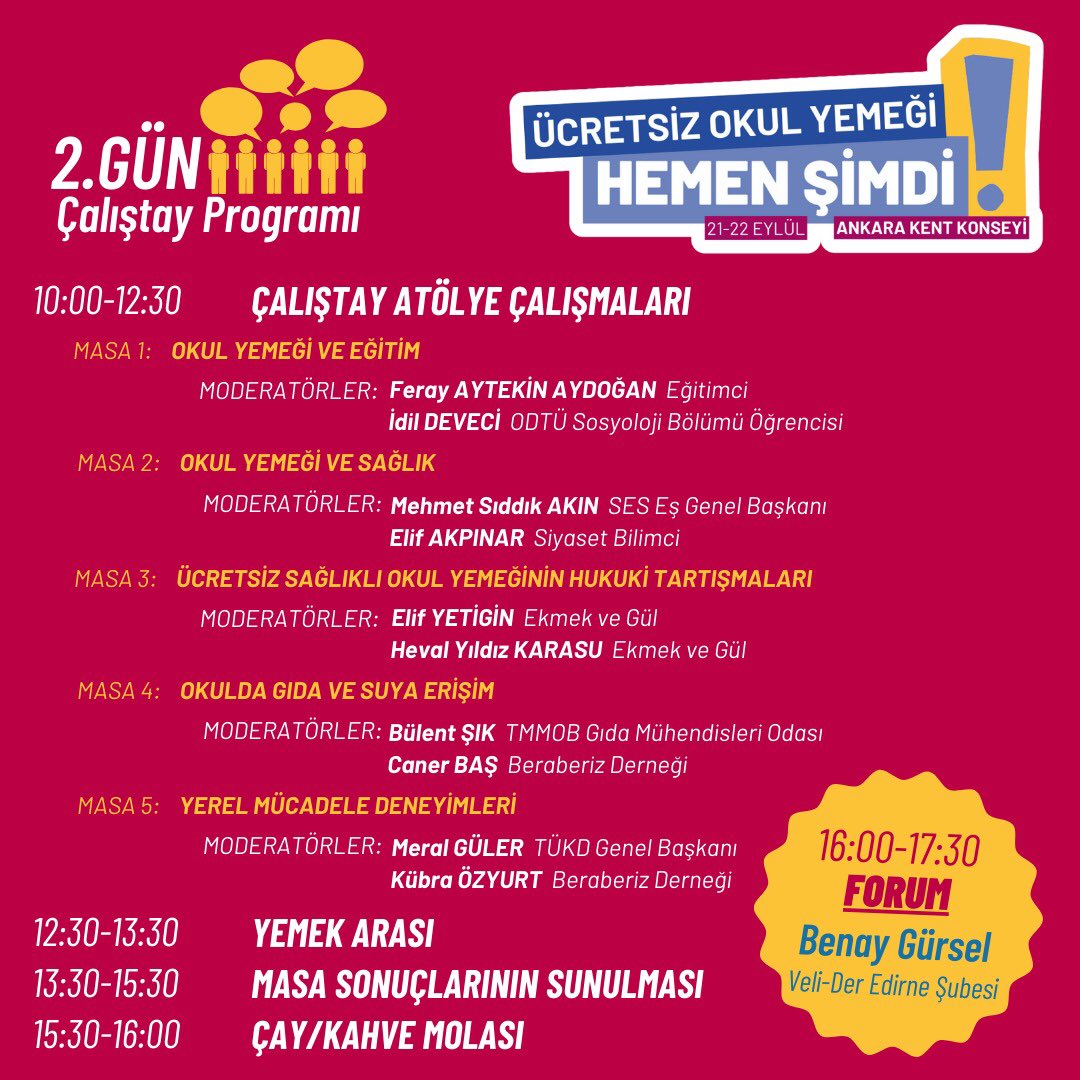 📍"Ücretsiz Okul Yemeği Hemen Şimdi Çalıştayı", 21-22 Eylül tarihlerinde, Ankara Kent Konseyi ile aralarında Eğitim Sen'in de bulunduğu Türkiye Okul Yemeği Koalisyonu paydaşlarının desteği ile gerçekleştirilecek. Genel Başkanımız Kemal Irmak, çalıştayın 1. gününde "Çocuk