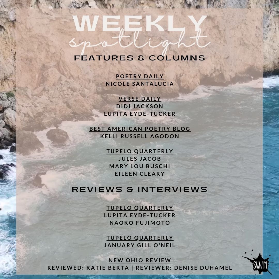 Happy Weekend! Join us in celebrating this week's SWWIM #ShoutOuts!

#SWWIMEveryDay #SWWIMWithUs  #Poetry #Lit #WomenWriters #WomenPoets #WomenPublishingWomen #WomenSupportingWomen #Ciswomen #TransWomen #Nonbinary #Intersex #GenderExpansive #Inclusive #Community #WeeklySpotlight