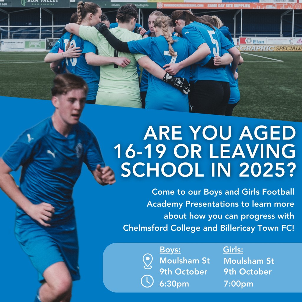 Did you know that we're proud partners with <a href="/BTFC/">Billericay Town FC</a> ⚽ Why not come to our presentations at our upcoming open evening to discover how you can advance your football career while enrolled on an eligible course. 

Register now: chelmsford.ac.uk/news-events/sh…

#football #career <a href="/BTFCWomen/">Billericay Town FC Women</a>