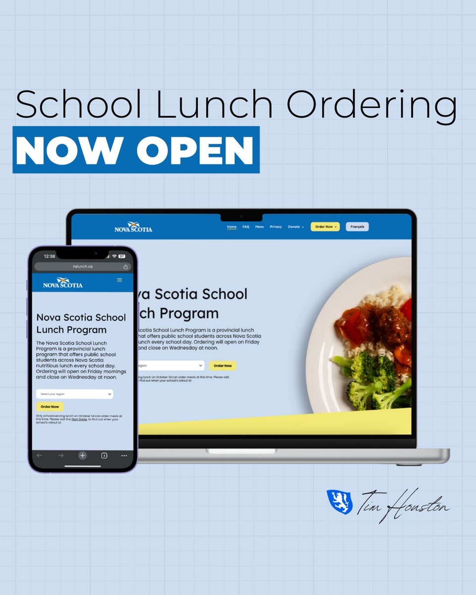 Today marks a major milestone in our provincial school lunch program. Starting today, families of students in 28 Nova Scotia schools can order their choice of delicious, nutritious school lunches. This program continues to roll out and will feed more students an affordable lunch