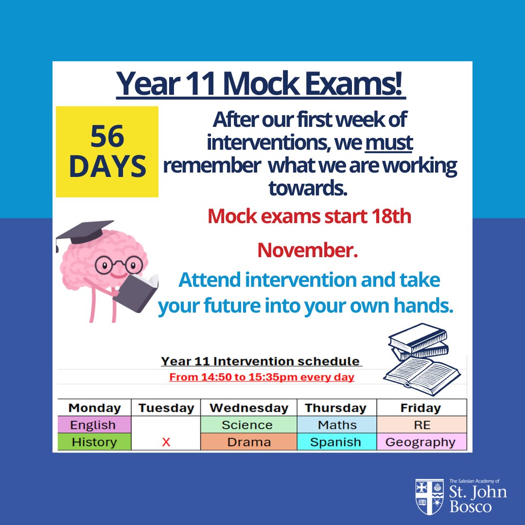 SalesianAcademy's tweet image. With mock examinations coming up, it is important to stress how vital your attendance to intervention is.

Well done to all of our Year 11 pupils for their enthusiastic approach to after school revision - 56 days to go!

Keep up the hard work!📚🥳

#SASJB #RUAH #REVISION #YEAR11