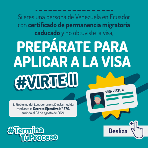 ACNUREcuador's tweet photo. El Gobierno ecuatoriano realizará un proceso de regularización para personas venezolanas que no obtuvieron su visa en el proceso anterior, pero cuentan con su certificado de permanencia migratoria caducado. Conoce más. #TerminaTuProceso #VIRTEII 

https://t.co/Mhoo0JfZyc https://t.co/rOe3QIlIt2