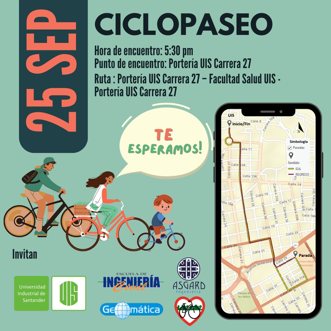 GeomaticaUIS's tweet image. 📢📢Desde la Escuela de @ingenieriacivil_uis y el grupo de investigación @geomaticauis invitamos a participar en las diferentes actividades a realizarse del 23 al 27 de septiembre en el marco de la celebración de la Semana Nacional por la Movilidad Sostenible.

En esta semana…