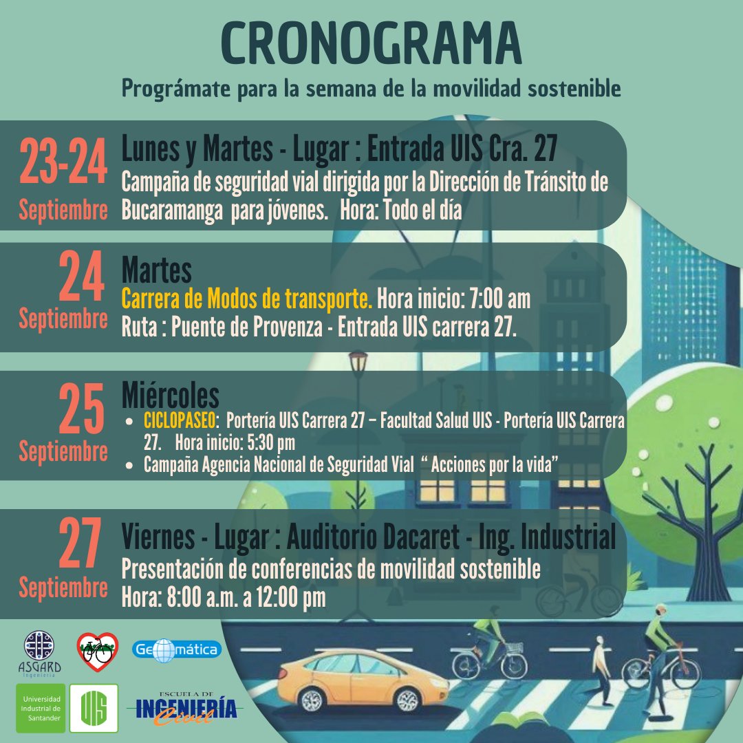 GeomaticaUIS's tweet image. 📢📢Desde la Escuela de @ingenieriacivil_uis y el grupo de investigación @geomaticauis invitamos a participar en las diferentes actividades a realizarse del 23 al 27 de septiembre en el marco de la celebración de la Semana Nacional por la Movilidad Sostenible.

En esta semana…