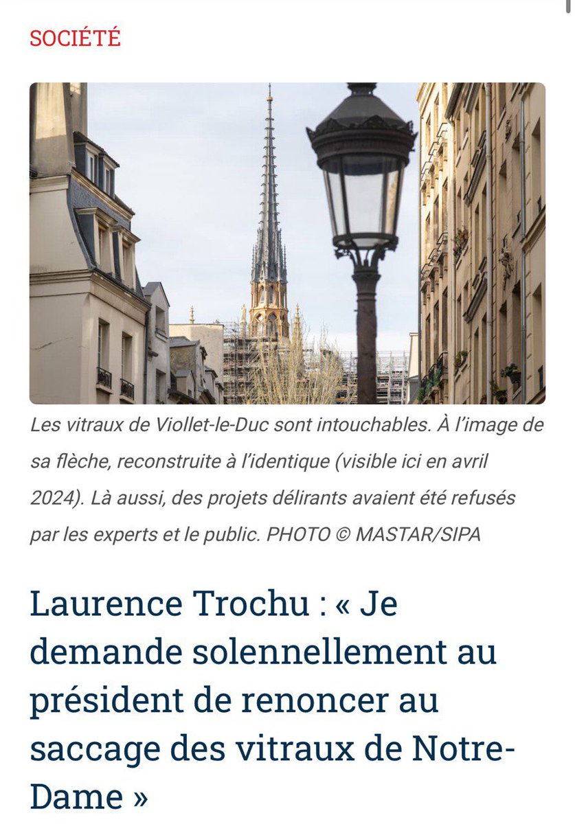 À la veille des journées du patrimoine, 
j’interpelle à nouveau <a href="/EmmanuelMacron/">Emmanuel Macron</a> pour qu’il renonce à son projet fou de remplacement des vitraux de <a href="/notredameparis/">Cathédrale Notre-Dame de Paris</a> par des vitraux contemporains. 

Retrouvez ma tribune sur le site de <a href="/Valeurs/">Valeurs actuelles ن</a> : valeursactuelles.com/societe/lauren…

#patrimoine