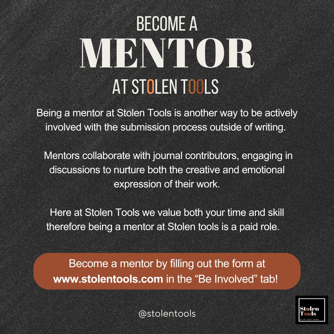 Have you ever thought about being a mentor? Become a mentor at Stolen Tools! Click the link to our website or here stolentools.com index.php/stolentools/mentors and get involved!