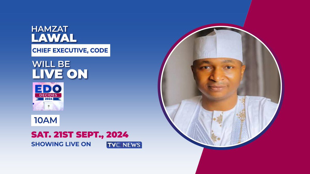 CODEActivist's tweet photo. Join me on @tvcnewsng at 10 am on #ElectionDay as Edo State elects its new governor. I'll be discussing preliminary findings and other issues on the electoral process across the state on #EdoDecide2024.
#CODEactivist https://t.co/3vXLXvsYXO