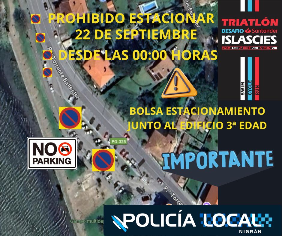 ℹ️ #TriatlónDesafío
🗓️ Domingo 22 de septiembre
📌Estacionamiento 3ª Edad Ramallosa
🚫 Estacionar desde las 00:00 horas
#Gracias por su #Colaboración
<a href="/policianigran/">Policía Nigrán</a>