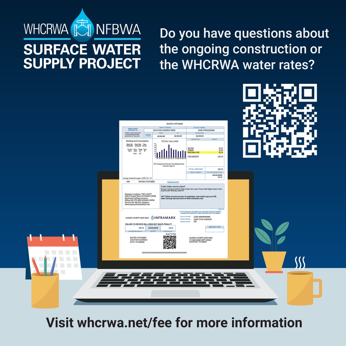 SWSP_Texas's tweet photo. Do you have questions about the ongoing construction or the WHCRWA water rates?

Visit https://t.co/zk3a8qA6I2 for more information. https://t.co/fi6E2asQfd