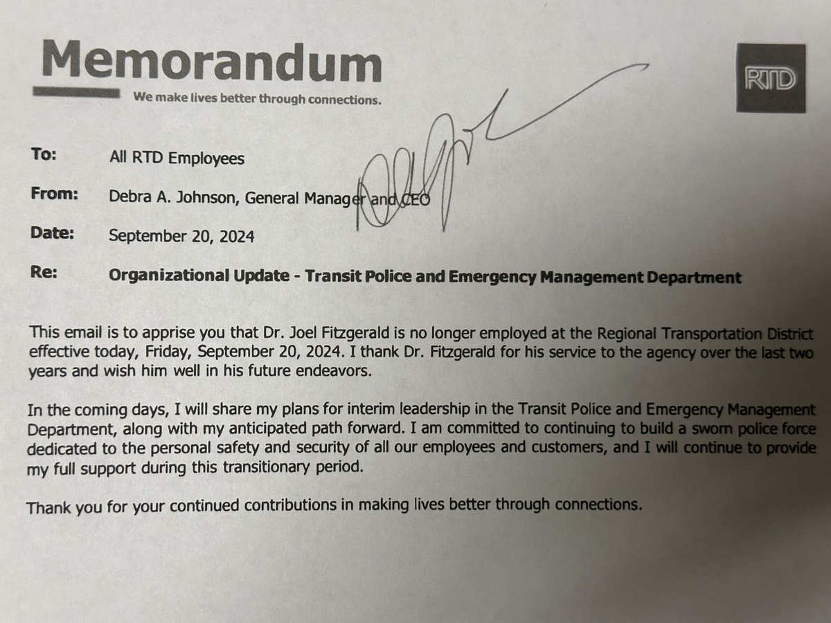 This is the memo <a href="/CBSNewsColorado/">CBSColorado</a> obtained announcing the exit of <a href="/RideRTD/">RTD</a> Police Chief Joel Fitzgerald. Sparse on details and no indication of whether or not he resigned or was terminated.
<a href="/CBSNewsColorado/">CBSColorado</a>