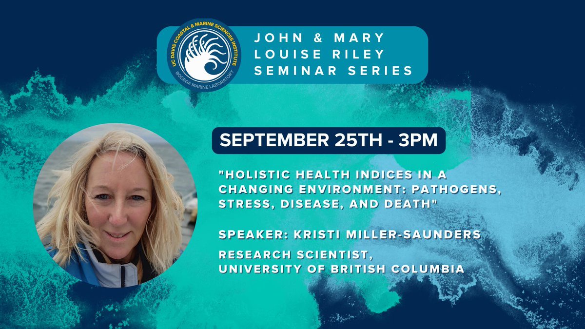 UC Davis Bodega Marine Laboratory (@bodegamarinelab) on Twitter photo Join us on 9/25 at 3pm PT for the Bodega Marine Laboratory Seminar Series. Kristi Miller-Saunders, a Research Scientist at <a href="/UBC/">University of British Columbia</a>, will present "Holistic health indices in a changing environment: pathogens, stress, disease, and death"
Register: ucdavis.zoom.us/webinar/regist… Join us on 9/25 at 3pm PT for the Bodega Marine Laboratory Seminar Series. Kristi Miller-Saunders, a Research Scientist at <a href="/UBC/">University of British Columbia</a>, will present "Holistic health indices in a changing environment: pathogens, stress, disease, and death"
Register: ucdavis.zoom.us/webinar/regist…