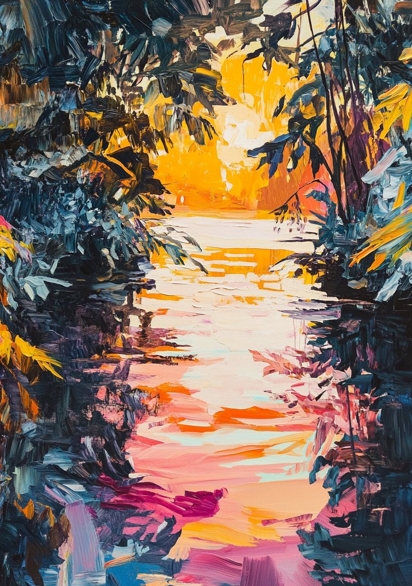 Oltre la giungla di pensieri, là dove l’acqua riflette aspirazioni sopite, un tramonto si fonde con l’orizzonte. E in quel confine incerto, tutto ciò che siamo trova il suo senso.