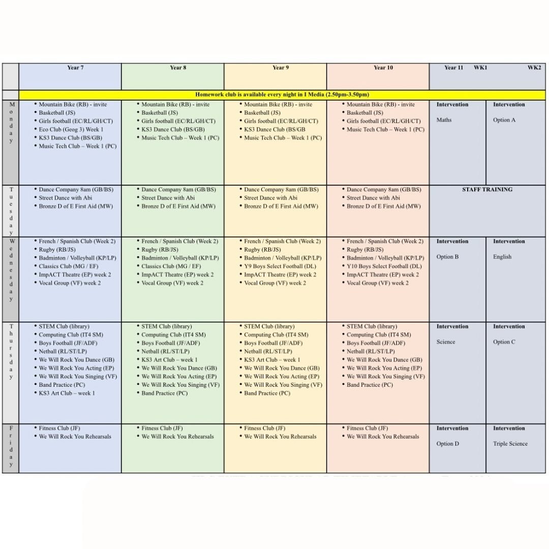 Extra-curricular timetable for the Autumn term 😁