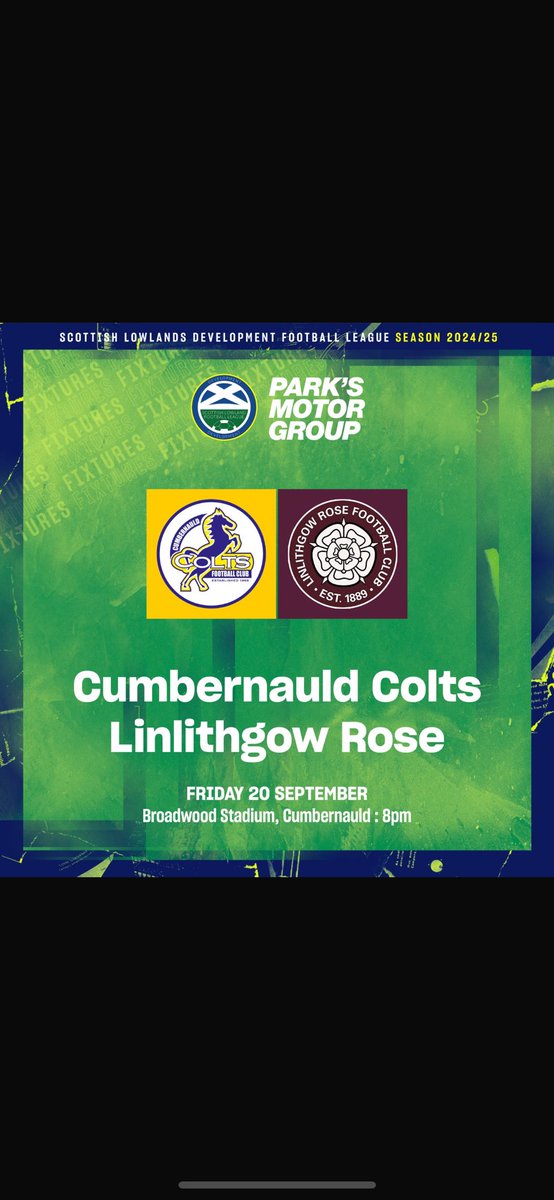 Friday Night Football ⚽️

Tonight sees us make the short trip to Broadwood to take on Cumbernauld Colts. 

8pm kick off, come along and support the boys.