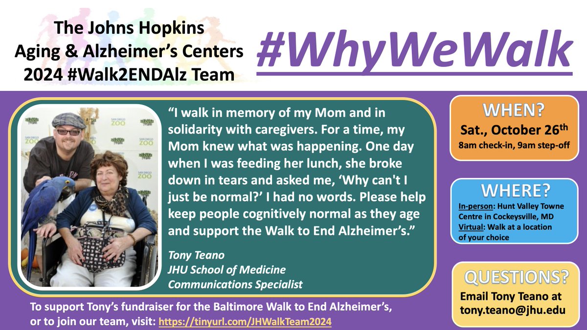 Follow this thread to learn the reasons #WhyWeWalk in #Baltimore on 10/26. 

Join, support, or donate to our team at: tinyurl.com/JHWalkTeam2024

.<a href="/TonyTeano/">Tony Teano (he/him/his) 🏳️‍🌈 🌊</a> walks in memory of his mom and in solidarity with #Caregivers. 

#ENDALZ #Walk2ENDALZ #Alzheimers #Dementia #MemoryLoss