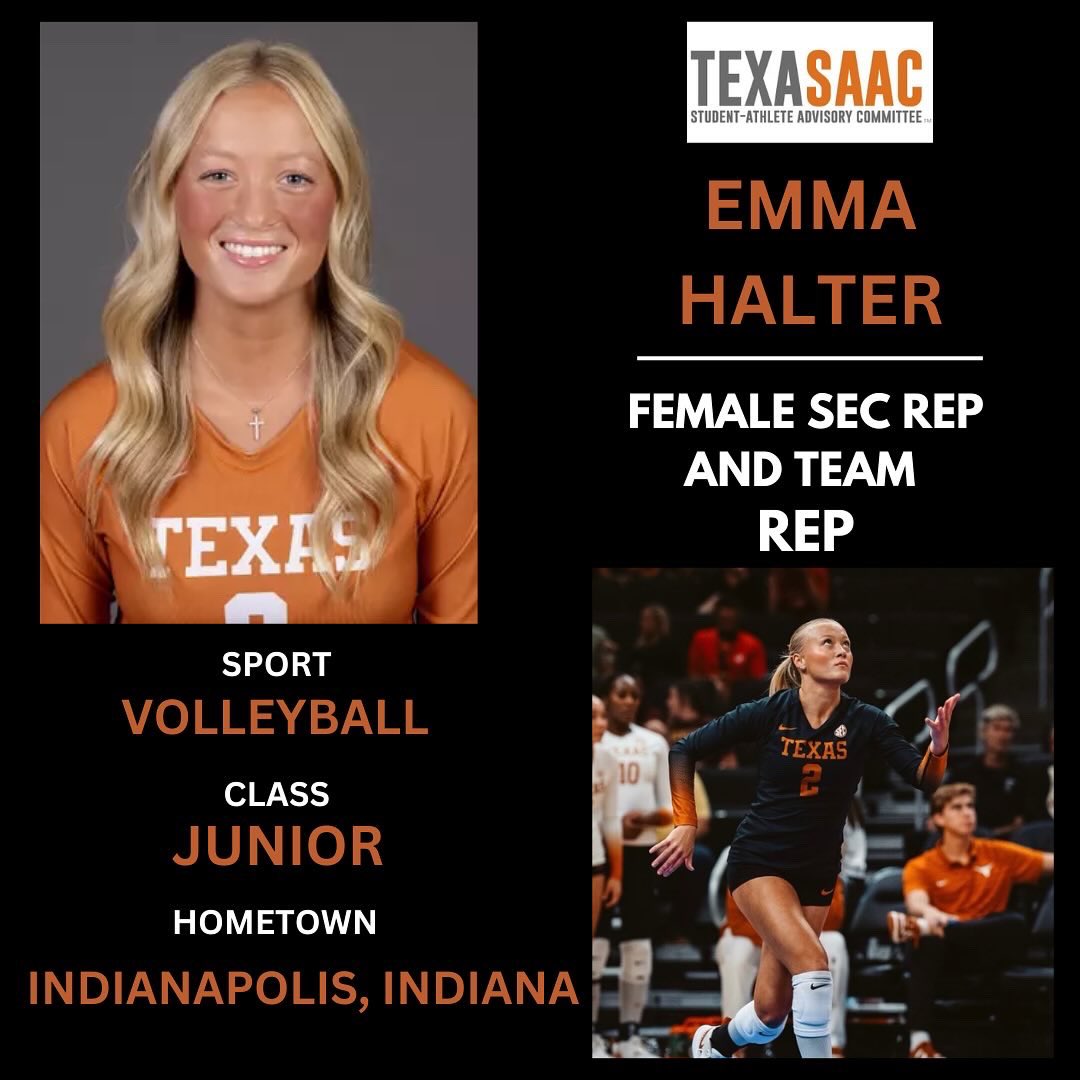 TexasSAAC's tweet image. Next up, from Womenโs Volleyball, our Female Sec Rep, Emma Halter, and Team Rep, Devin Kahahawai!๐๐ค๐ผ