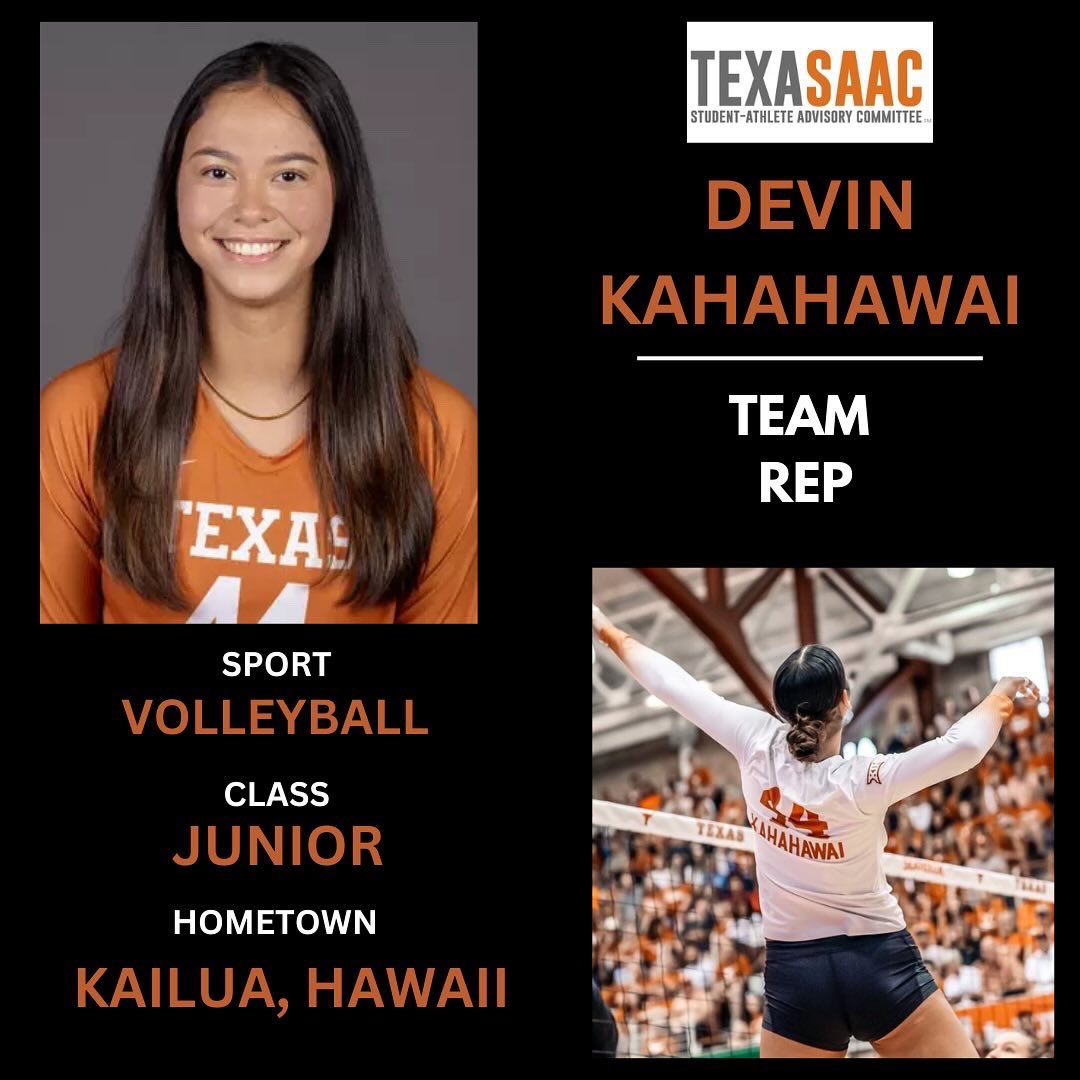 TexasSAAC's tweet image. Next up, from Womenโs Volleyball, our Female Sec Rep, Emma Halter, and Team Rep, Devin Kahahawai!๐๐ค๐ผ