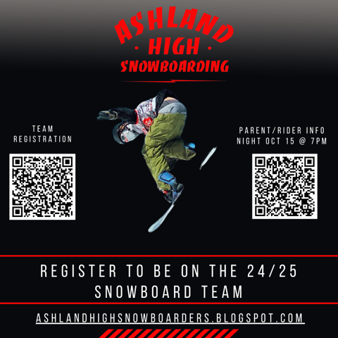 AHS_AshlandHigh's tweet photo. Ashland High Snowboarding - Register to be on the 24/25 snowboard team! There will be a parent/rider info night on October 15th at 7:00 pm. Scan these QR codes for more information or visit https://t.co/PPyF6R7kNa https://t.co/12Rj8gWIJv