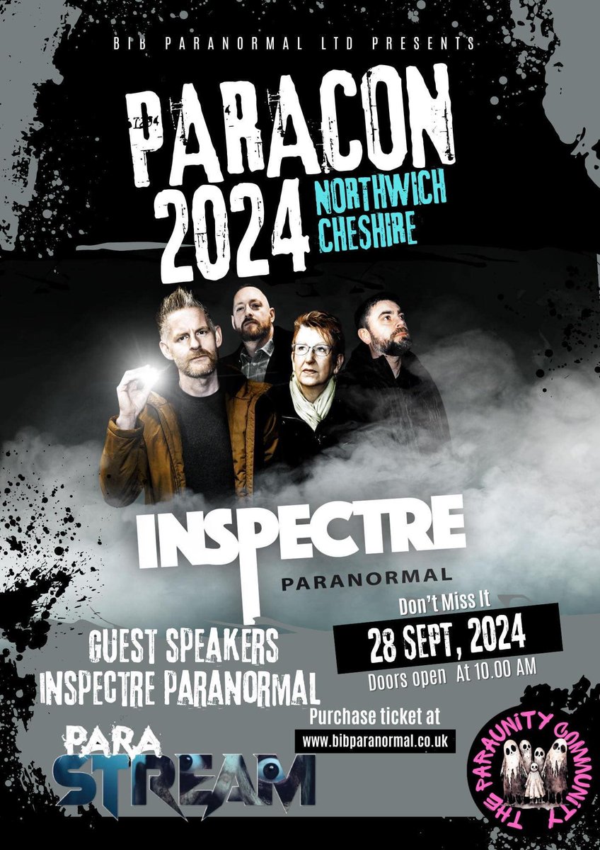 Next Saturday! This event has now sold out. I'll be there all day, taking to the stage with the team about 4.30pm.  Looking forward to it! See you there! #paracon #paraconnorthwich #inspectreparanormal #thelocalmythstorian #spookyseason