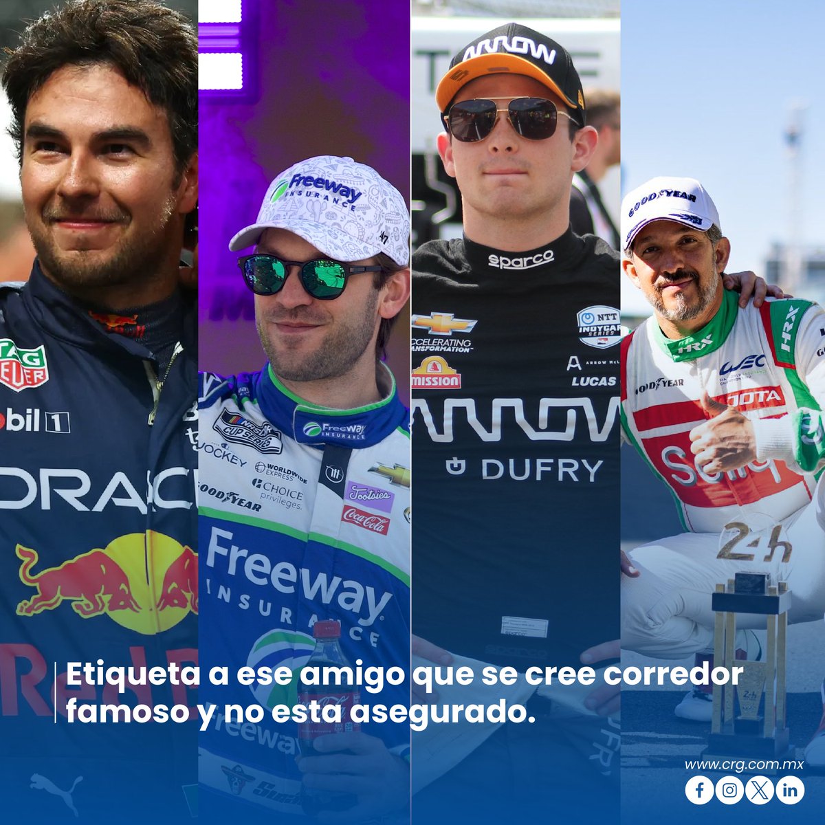 ¿Tienes ese amigo que maneja como si fuera piloto de F1 🏎️, pero su seguro de auto es tan básico como una bici sin rueditas? 

😅 ¡Es hora de cambiar eso! Con CRG Seguros y Fianzas, puede conseguir la cobertura que realmente necesita 🚗💨.