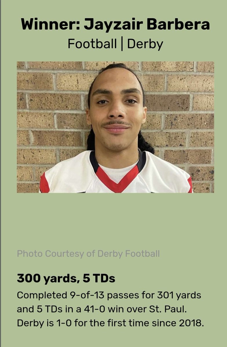 Congratulations to Jayzair! Thank you to everyone who voted! 
@CoachClarkDHS <a href="/DerbyRedRaider/">Derby High School</a> <a href="/RedRaiderCT/">MaskedRedRaider</a> <a href="/derbypssuper/">Matt Conway</a>