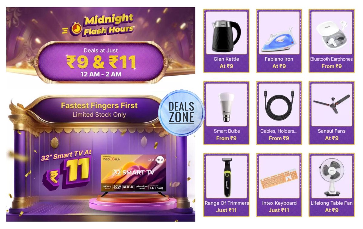 DealsZoneIndia's tweet photo. Upcoming #Loot at 12 AM 🔥🔥
Deals at ₹9 & ₹11 | 32" TV at ₹11
➤ https://t.co/Oe4AfIGZ12
#Flipkart #BigBillionDays https://t.co/SjNmYY6I0s