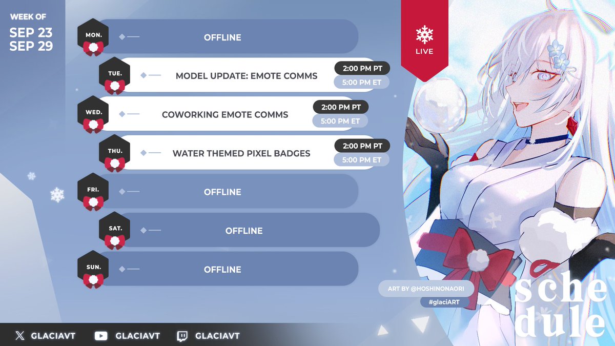 glaciavt's tweet photo. ❄️ SCHEDULE ❄️ 9.23 - 9.29
i'm back from vacation! guycia updated the model with new mouth rigging! beautiful art by the lovely @hoshinonaori 🫶
twitch: https://t.co/FEyedtjBnk
art: #glaciART
stream: #glaciLIVE https://t.co/cwUbyCUrW5