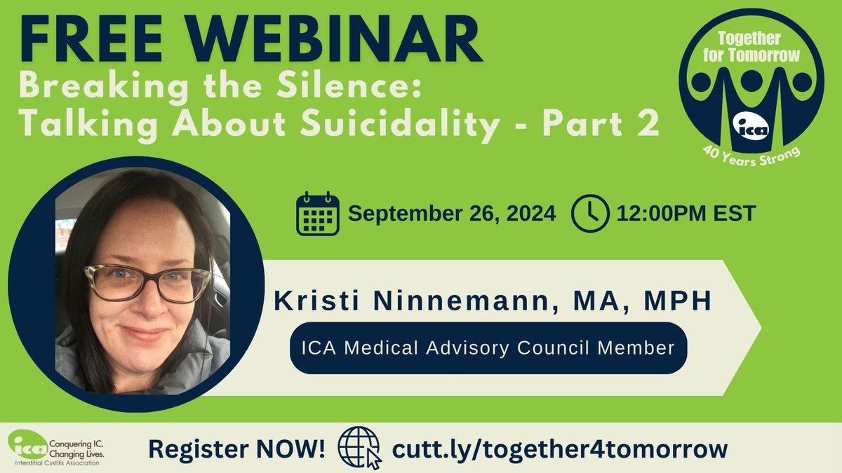 📅 Join us on Thursday, September 26th at 12:00 PM EST for an important webinar featuring Kristi Ninnemann, ICA MAC Member.

🔗 To register, visit cutt.ly/together4tomor…

To view part 1 of this series, visit youtu.be/Y22TTR47JUE

#InterstitialCystitis #BladderPainSyndrome