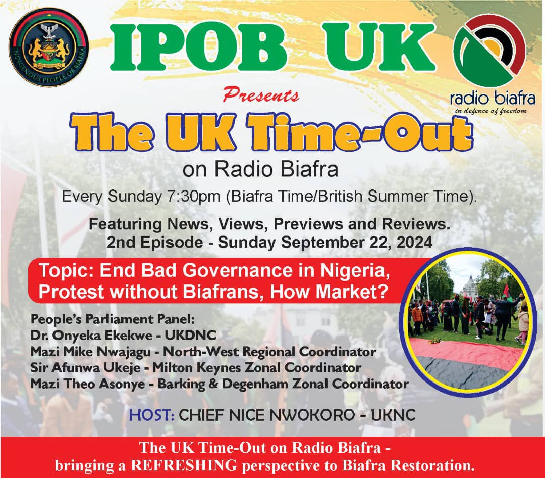 Chinasa Nworu (@chinasanworu) on Twitter photo Don’t miss this program on Sunday 22/09/2024 ,
7:30pm Biafra Time.
<a href="/real_IpobDOS/">Directorate Of State (DOS)</a>
<a href="/radiobiafralive/">Radio Biafra</a> Don’t miss this program on Sunday 22/09/2024 ,
7:30pm Biafra Time.
<a href="/real_IpobDOS/">Directorate Of State (DOS)</a>
<a href="/radiobiafralive/">Radio Biafra</a>