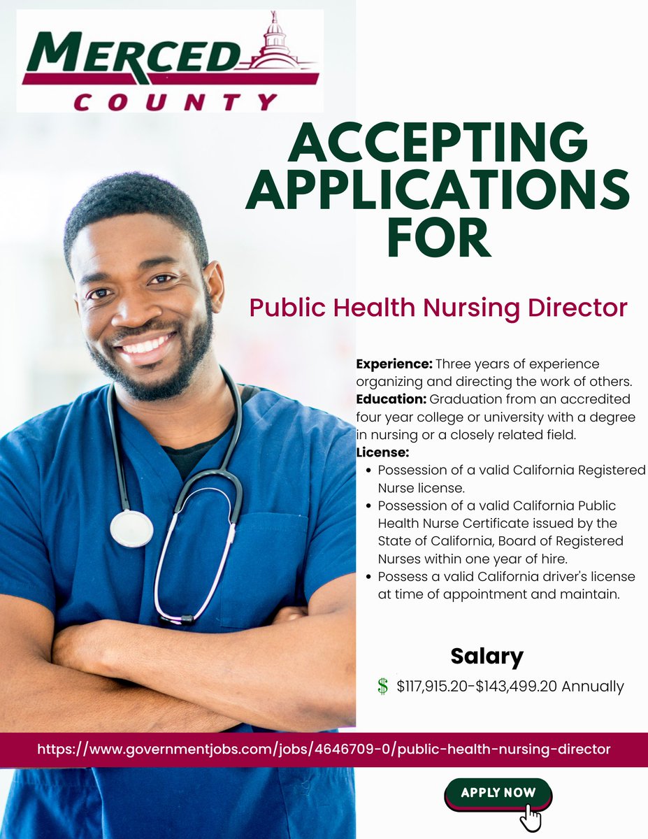 Merced County Department of Public Health is accepting applications for Public Health Nursing Director. Apply today! governmentjobs.com/jobs/4646709-0…
#ApplyNow #PublicHealth #Nursing #CareerOpportunity