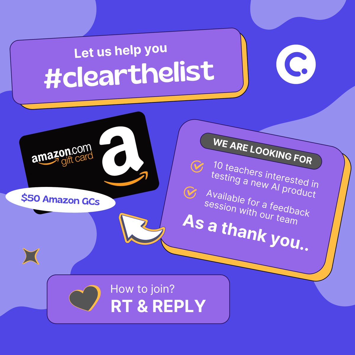 ClassPointIo's tweet image. 🎁 Giving away TEN $50 Amazon gift cards!

We&apos;re launching a new AI product and we&apos;re looking for teachers who:
👀 Are interested in testing it 
🗣️ Are available for a 1-hour feedback sesh 

1️⃣ Reply with &quot;interested!&quot; and tag 3 teachers
2️⃣ Retweet this post 

#clearthelist