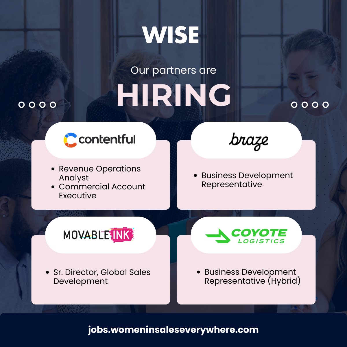 📣 WISE partners, @Contentful, <a href="/Braze/">Braze</a>, @MovableInk and more are hiring!

Visit the WISE job board to check out and apply for these open roles 👇 jobs.womeninsaleseverywhere.com

#womeninsales #opentowork #hiring