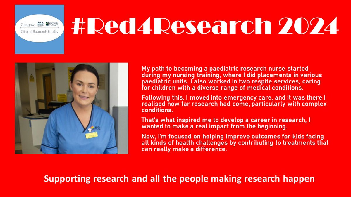 GlasgowCRF's tweet photo. #Red4Research Introducing a member of our paediatric team and reflecting on their research career @NHSGGC @NHSResearchScot @NIHR_UKCRFN #peoplemakeresearchhappen https://t.co/AkBMVc1vtF