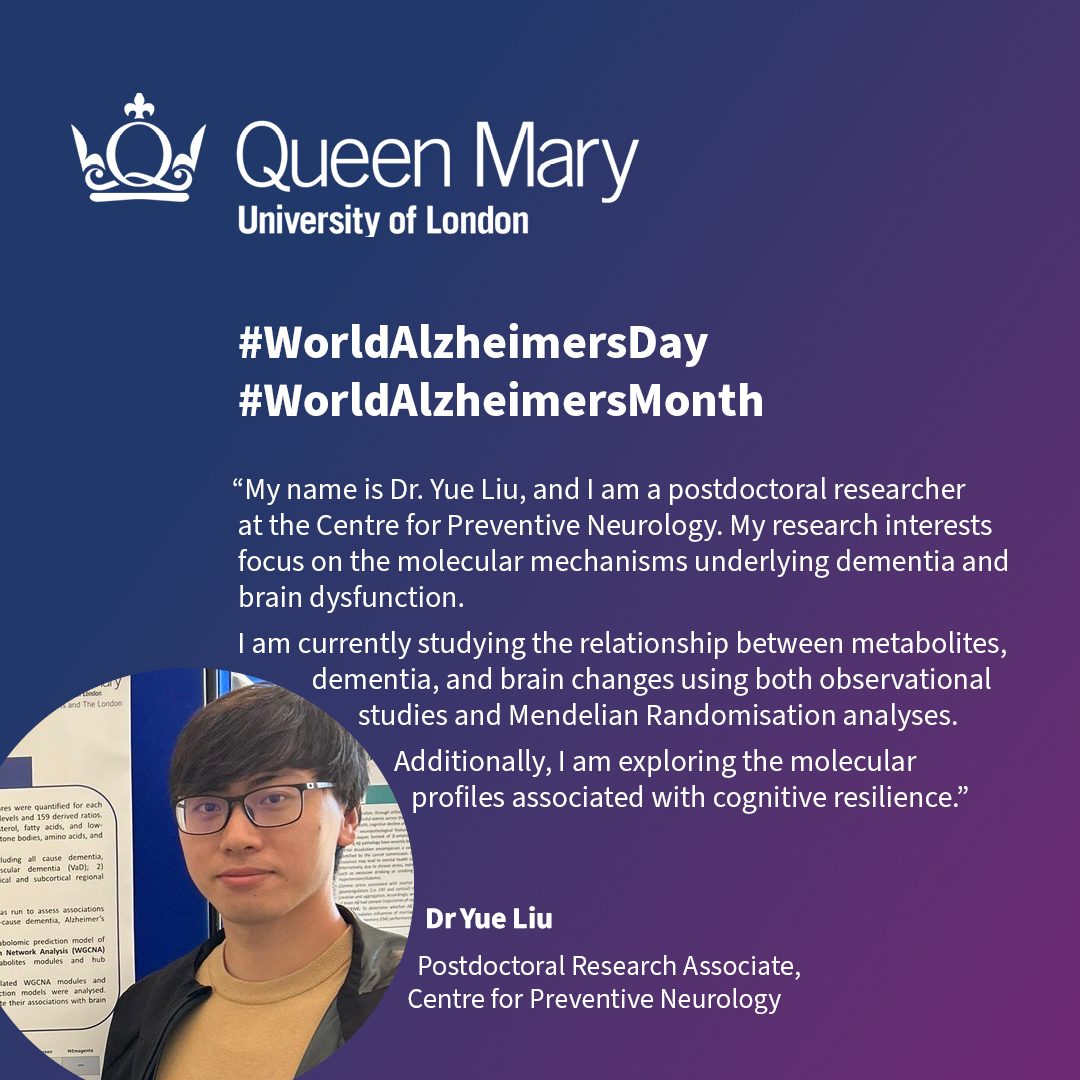 Dr Yue Liu is researching the underlying molecular mechanisms in #dementia as part of the Centre for Preventive Neurology: #WorldAlzheimersDay #WorldAlzheimersMonth