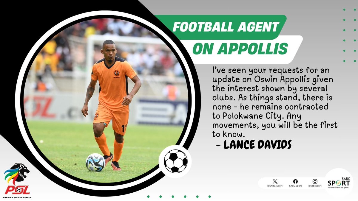 SABC_Sport's tweet photo. 𝕋ℝ𝔸ℕ𝕊𝔽𝔼ℝ 𝕌ℙ𝔻𝔸𝕋𝔼

Oswin Appollis' agent Lance Davids has shared an update regarding Appollis.

#SABCSportFootball https://t.co/YWUn5f6QT6