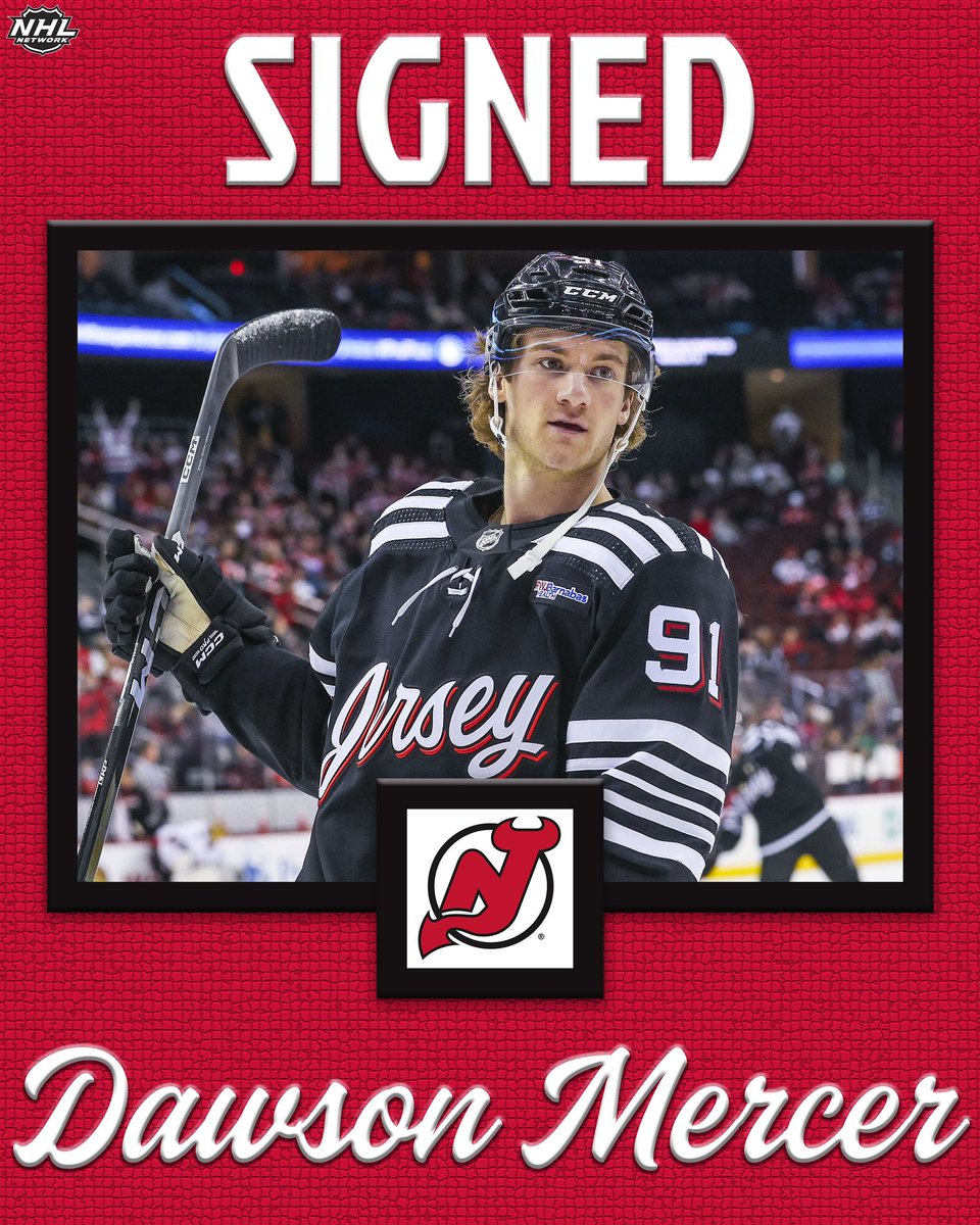NHLMedia's tweet photo. Dawson’s deal is done! 

Dawson Mercer has reportedly signed a three-year contract with the @NJDevils! https://t.co/AR5sCP6Yr3