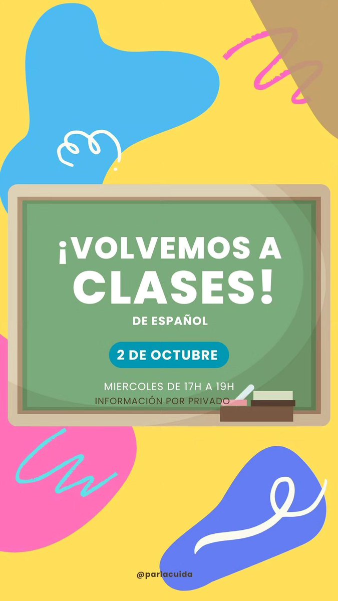 CuidaParla's tweet photo. ¡Volvemos a clases de español! 🎉

A partir del 2 de octubre, retomamos nuestras clases de español para todas aquellas personas que quieran mejorar su nivel o aprender desde cero. 📚

🕒 Horario: Miércoles de 17h a 19h

¡No dudes en escribirnos para más detalles! Te esperamos❤️. https://t.co/R3ah9o78Mx