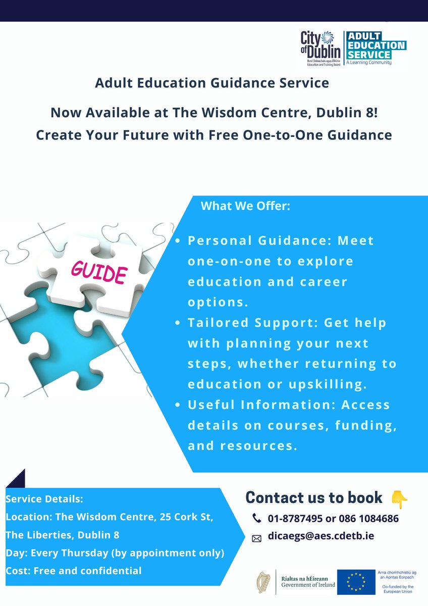 City of Dublin ETB Adult Education Guidance (@dicaegs1) on Twitter photo ๐ Free One-to-One Education & Career Guidance!
Available at The Wisdom Centre, Dublin 8.
Explore options, plan next steps, and access useful info.
๐
Every Thurs (by appointment)
๐ 01-8787495 / 086 1084686
#CreatYourFuture <a href="/CityofDublinETB/">City of Dublin ETB</a> ๐ Free One-to-One Education & Career Guidance!
Available at The Wisdom Centre, Dublin 8.
Explore options, plan next steps, and access useful info.
๐
Every Thurs (by appointment)
๐ 01-8787495 / 086 1084686
#CreatYourFuture <a href="/CityofDublinETB/">City of Dublin ETB</a>