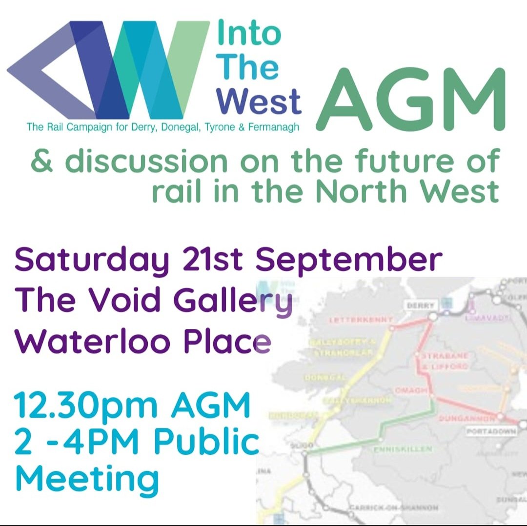 *PUBLIC MEETING ON RAIL- DERRY*
TOMORROW (Sat 21st - 2-4pm) we're holding a public meeting on futur of rail in NW in conjunction with the @VoidArtCentre. Preceeded by our AGM (12:30pm -membrs only bit). Public meeting is open to all. Info &amp; to register=
eventbrite.co.uk/e/towards-a-ra…