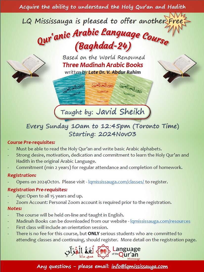 jsheikh_lqm's tweet photo. LQ Mississauga is offering another FREE Level 1 (Madinah Book 1) Qur'anic Arabic Grammar class.  The classes will be held online every Sunday and taught in English.  Anyone interested (15 yrs and above) can join by visiting our website:  https://t.co/PMYkQVhwfb. @LQMississauga https://t.co/QNiGFTFFsI