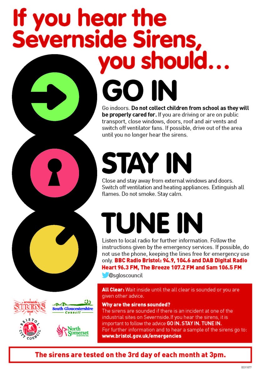 BristolPrepared's tweet photo. #30days30waysuk Day 20: #GoInStayInTuneIn

The Severnside Siren will sound if there's been a hazardous chemical incident. The sirens are tested at 3pm on the third of the month. If you hear the sirens at any other time follow the emergency advice below: https://t.co/KBwFSGpymH https://t.co/8atAeVcGXs